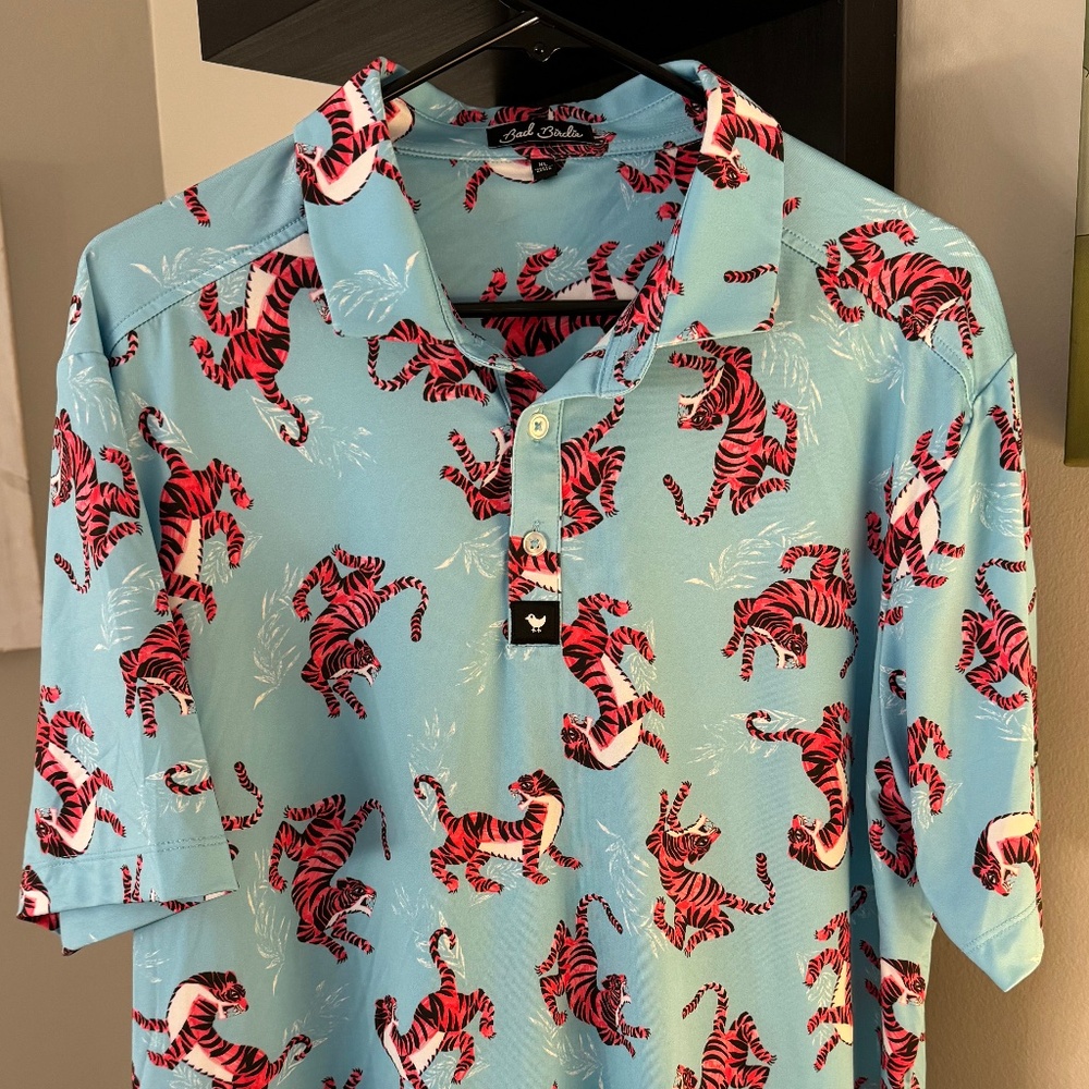 Bad Birdie Golf Polo 'Pink Tiger' print, Size XL, RARE